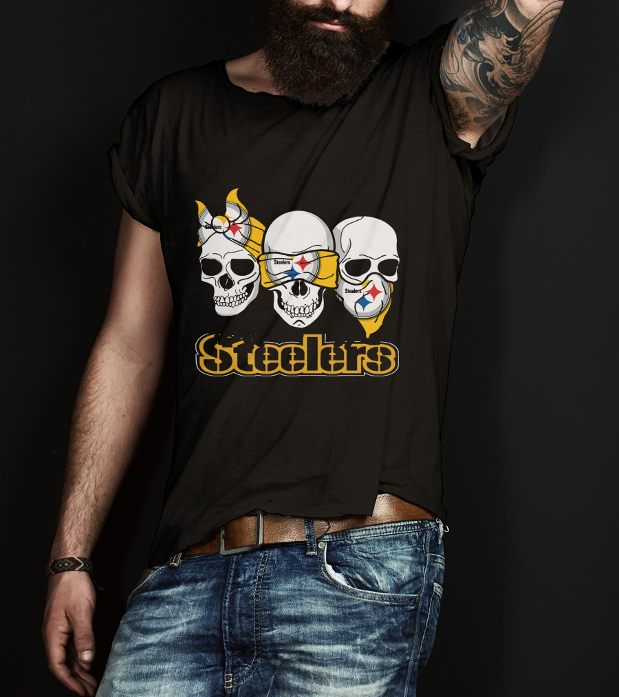 Steelers Skull Trio With Team Logo Bandanas T-Shirt