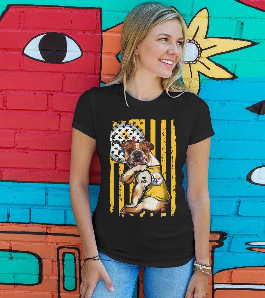 Pittsburgh Steelers Bulldog I Love Mom Stripes T-Shirt