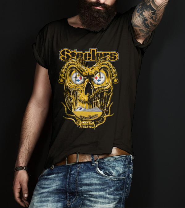 Steelers Dragonskull Yellow Mechanical Skull With Pittsburgh Steelers Logo Eyes T-Shirt