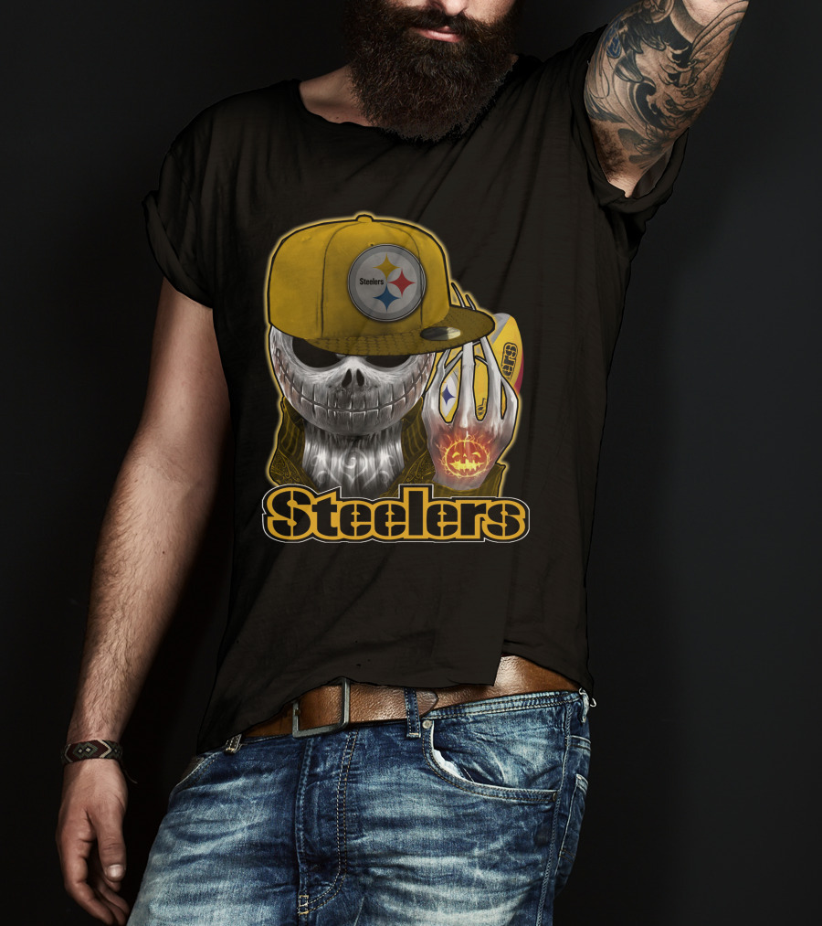 Steelers Skull With Yellow Cap And Pumpkin Hand T-Shirt