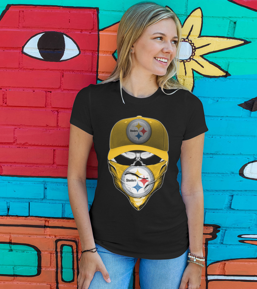 Skull V6 Pittsburgh Steelers Logo With Hat And Bandana T-Shirt