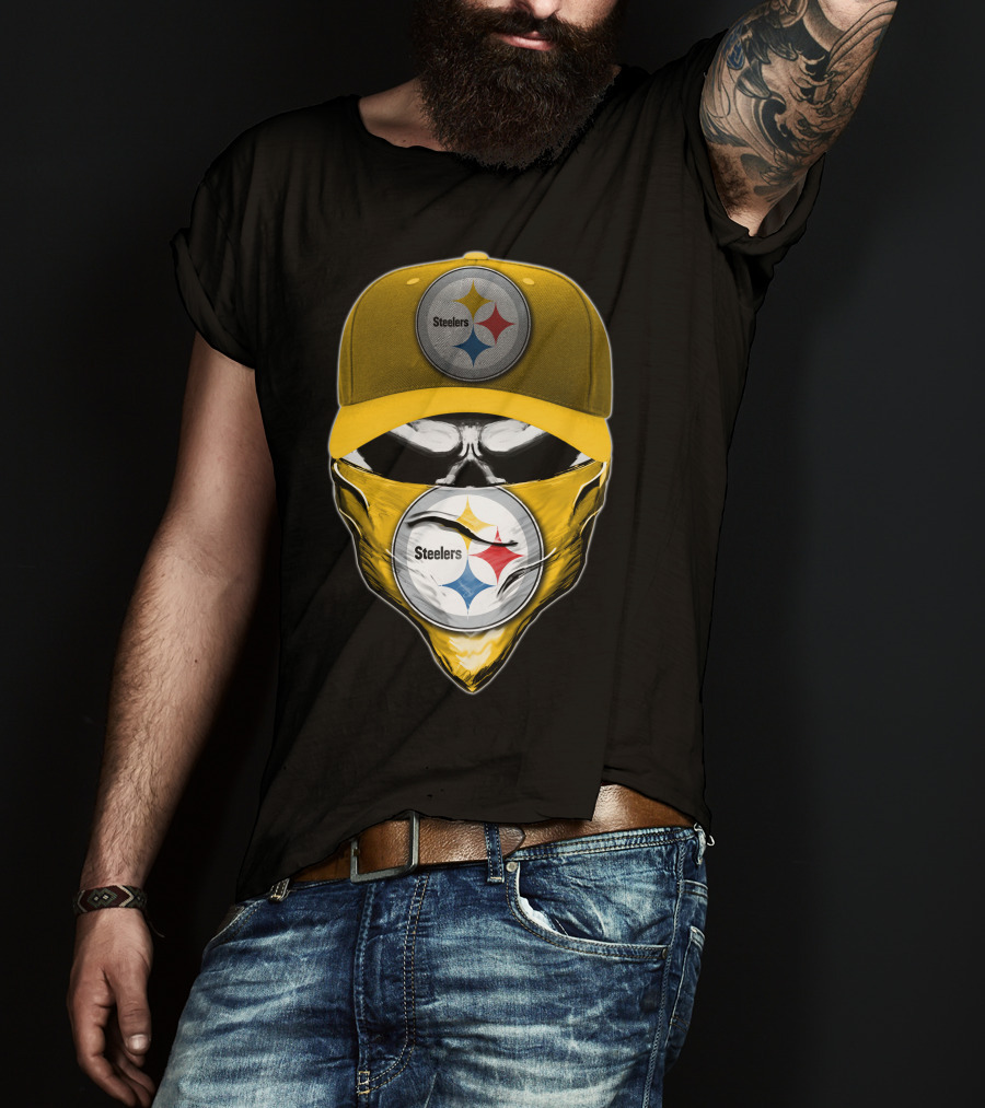 Skull V6 Pittsburgh Steelers Logo With Hat And Bandana T-Shirt