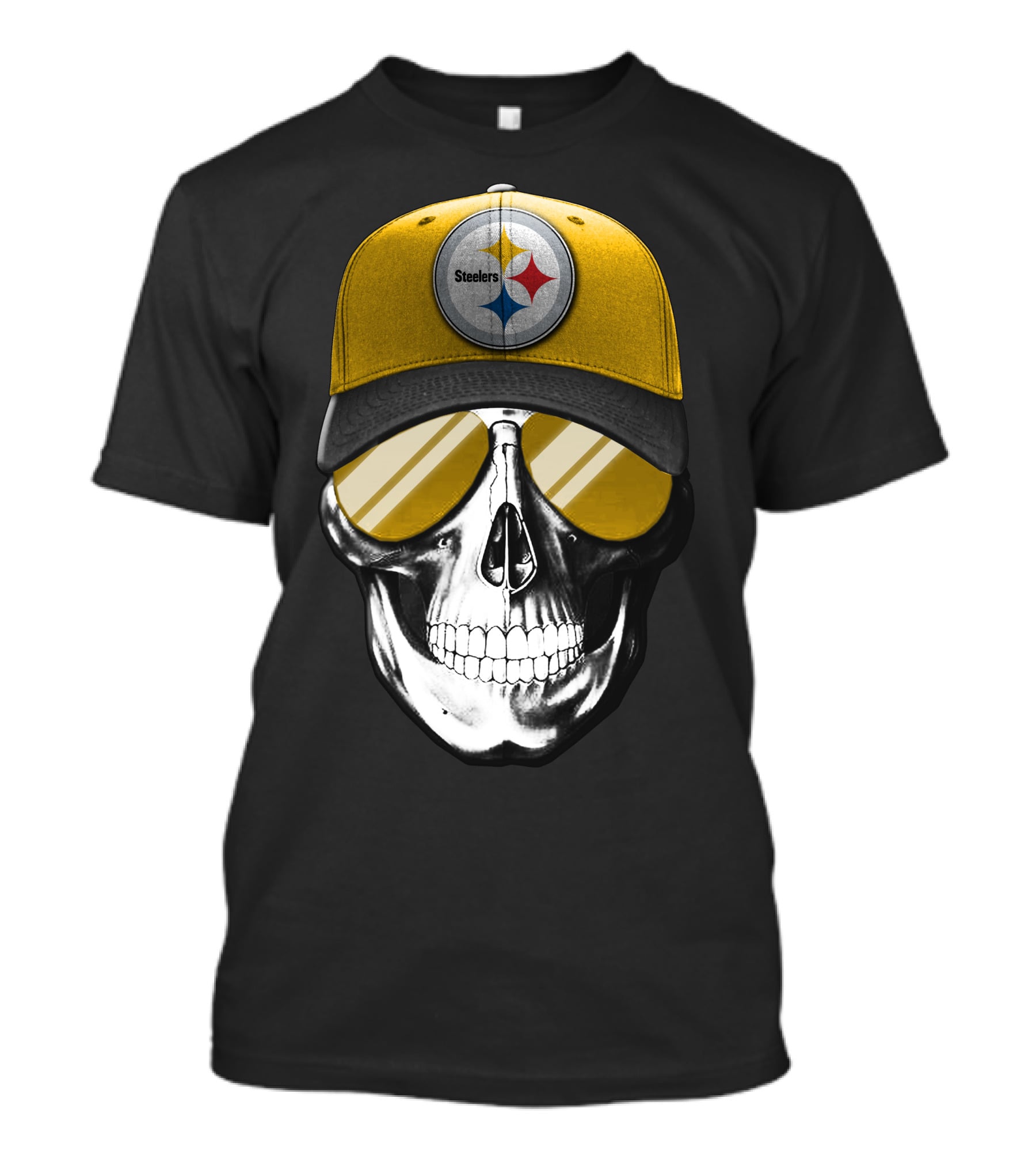 Skull V7 Pittsburgh Steelers Yellow Cap And Sunglasses T-Shirt