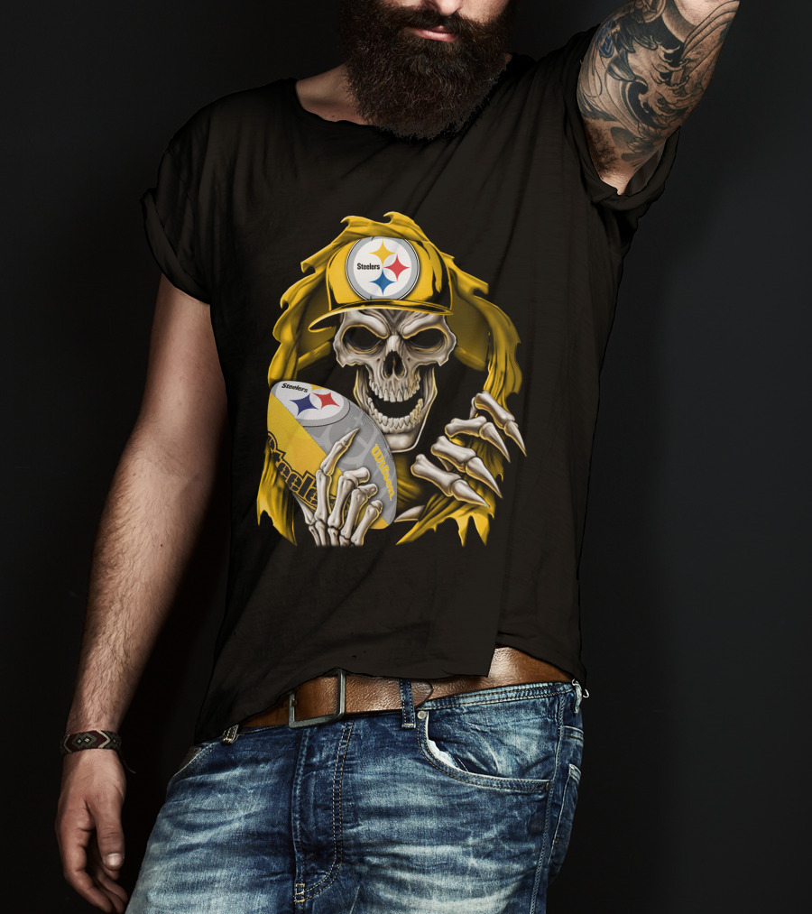 Skullbong Steelers Skeleton With Football And Cap T-Shirt
