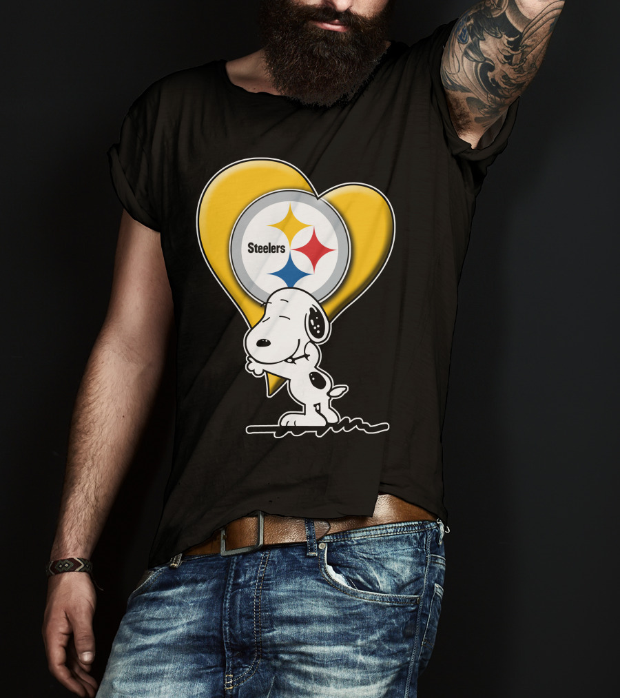 Snoopy Hugging Heart Steelers Logo Pittsburgh Steelers Fan Gear T-Shirt