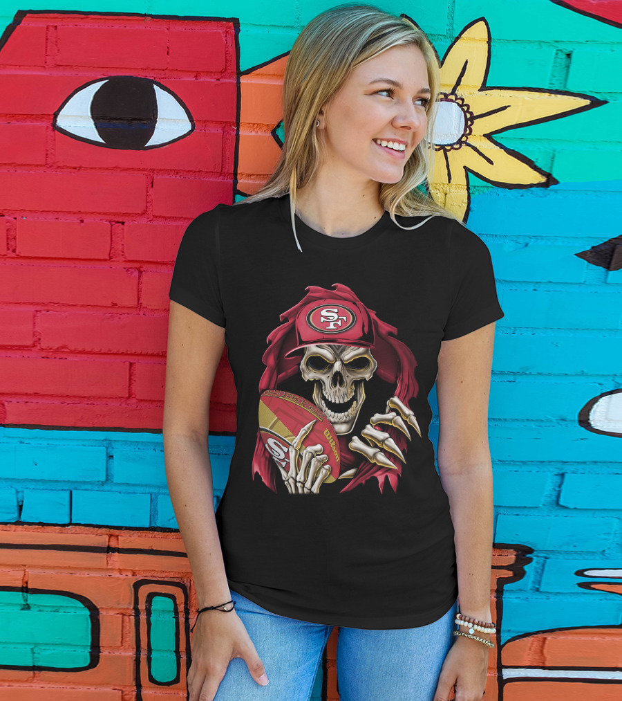 San Francisco 49ers Skull Holding Football With SF Cap T-Shirt
