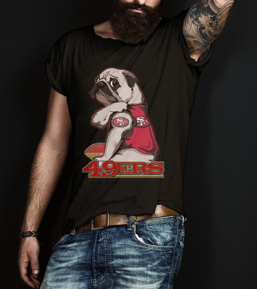 Pug Wearing San Francisco 49ers Gear With Football T-Shirt