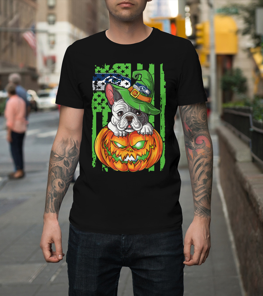 Hlw Bulldog Seattle Seahawks Halloween Pumpkin Wizard Hat T-Shirt