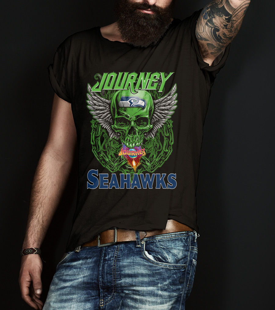 Journey Seattle Seahawks Skull With Wings And Chains T-Shirt