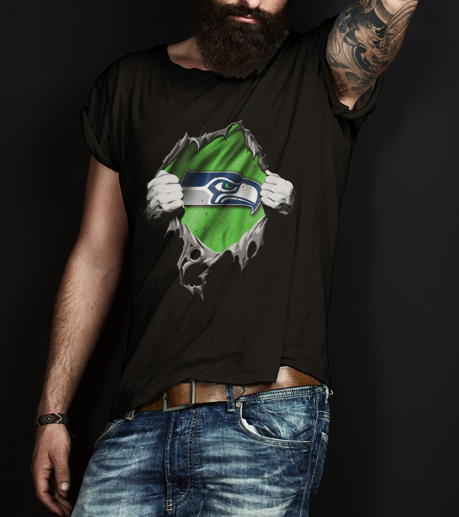 Seattle Seahawks Torn V2 Logo Peeking Through Ripped Fabric T-Shirt