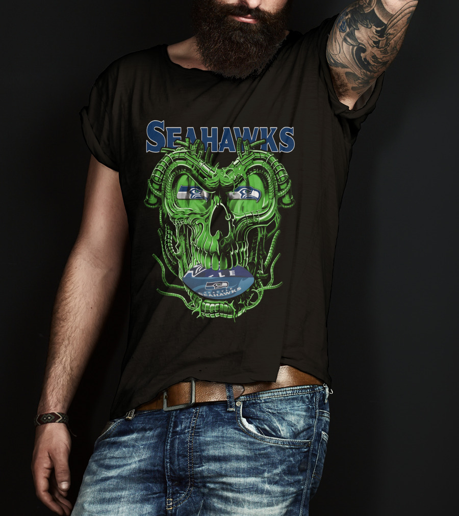 Dragonskull Seahawks Green Skull Design With Seattle Seahawks T-Shirt