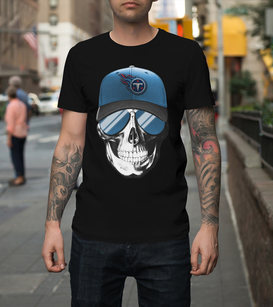 Skull With Tennessee Titans Logo Blue Cap And Sunglasses T-Shirt