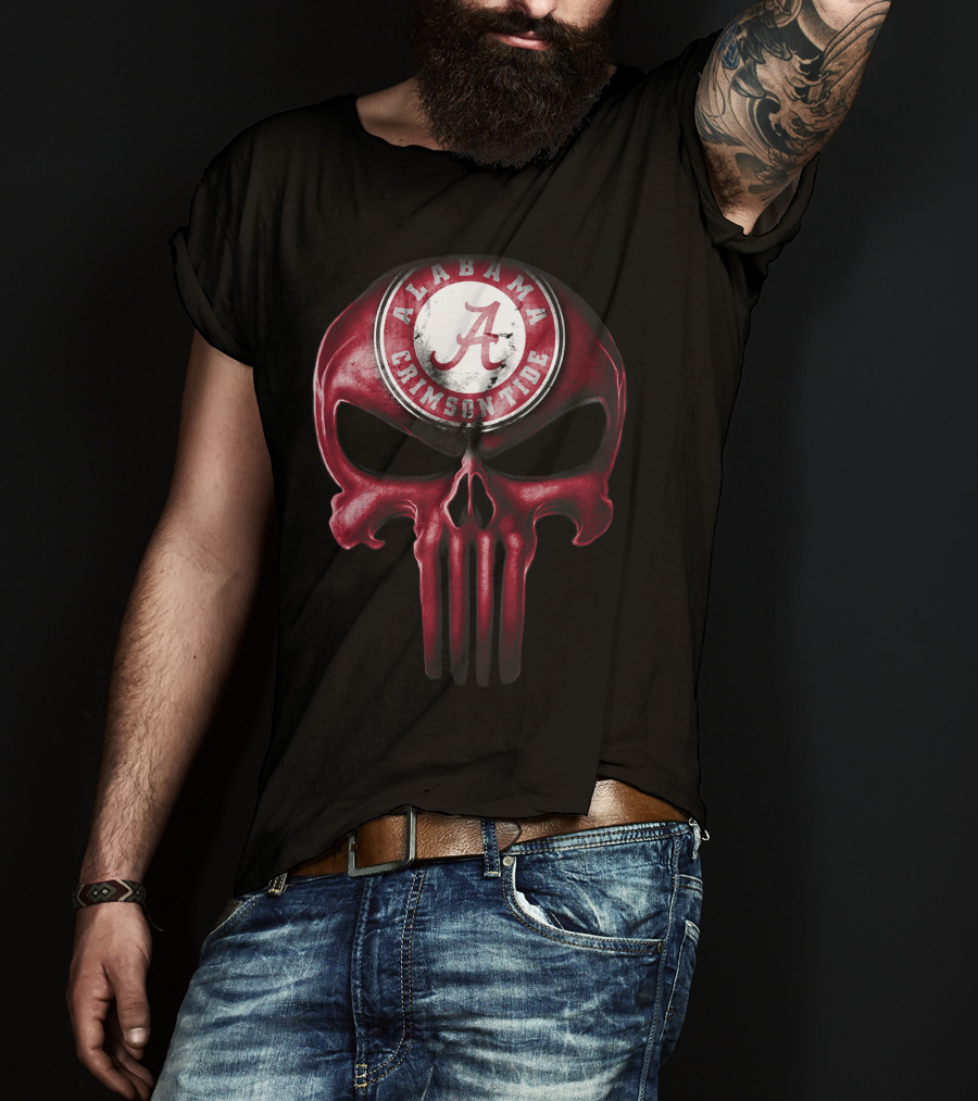 Skull Alabama Crimson Tide Logo Punisher Style T-Shirt