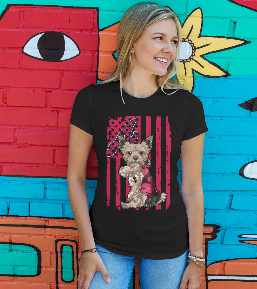 Yorkshire Terrier I Love Mom Atlanta Braves American Flag T-Shirt