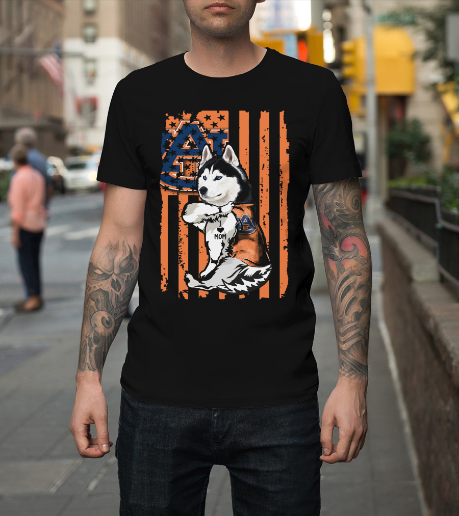 Siberian Husky Auburn Tigers Mom Heart Icon With Orange And Blue Flag T-Shirt
