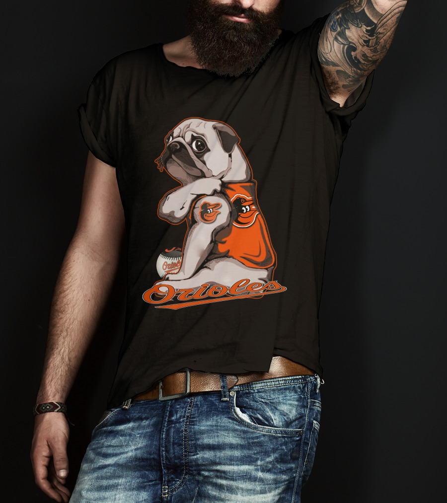 Pug Wearing Baltimore Orioles Jersey With Orioles Baseball T-Shirt