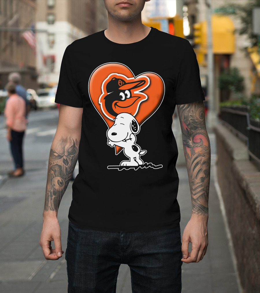 Snoopy Hugging Heart With Baltimore Orioles Bird T-Shirt