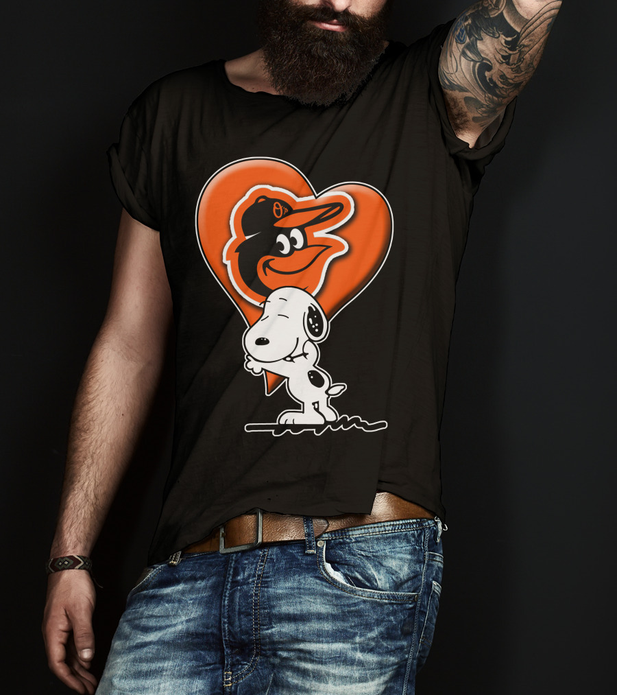 Snoopy Hugging Heart With Baltimore Orioles Bird T-Shirt