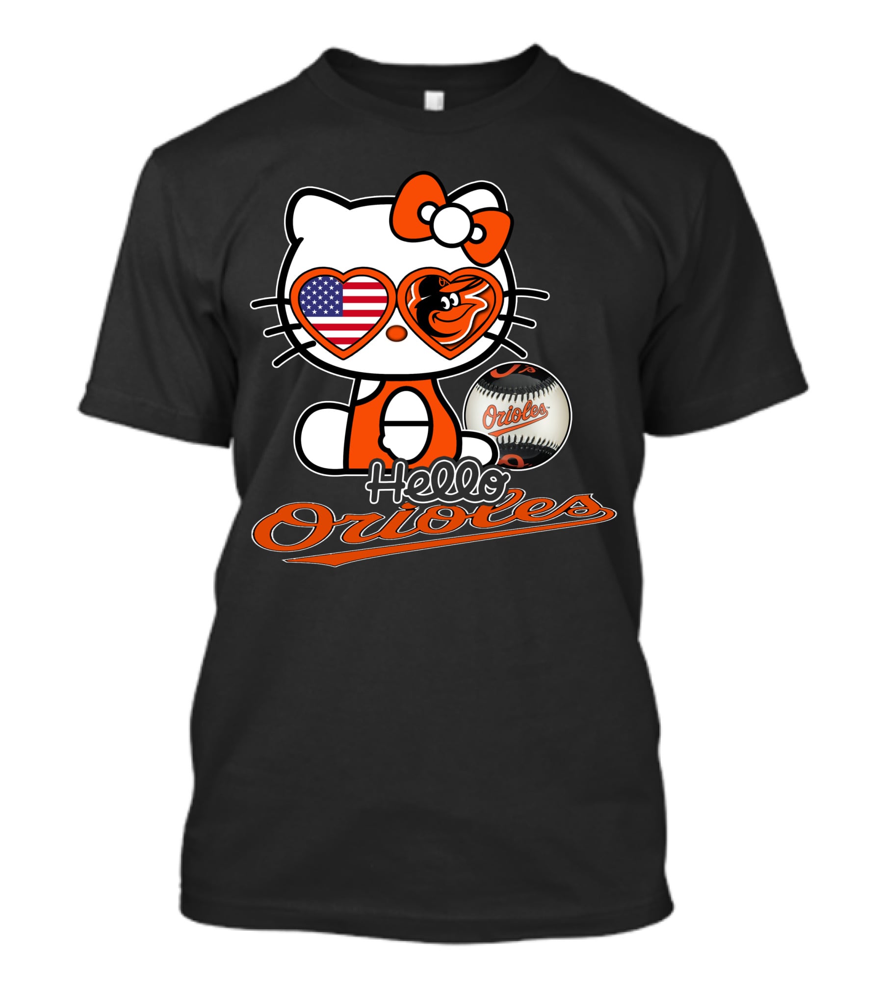 Hello Kitty Orioles Baltimore American Flag Baseball T-Shirt