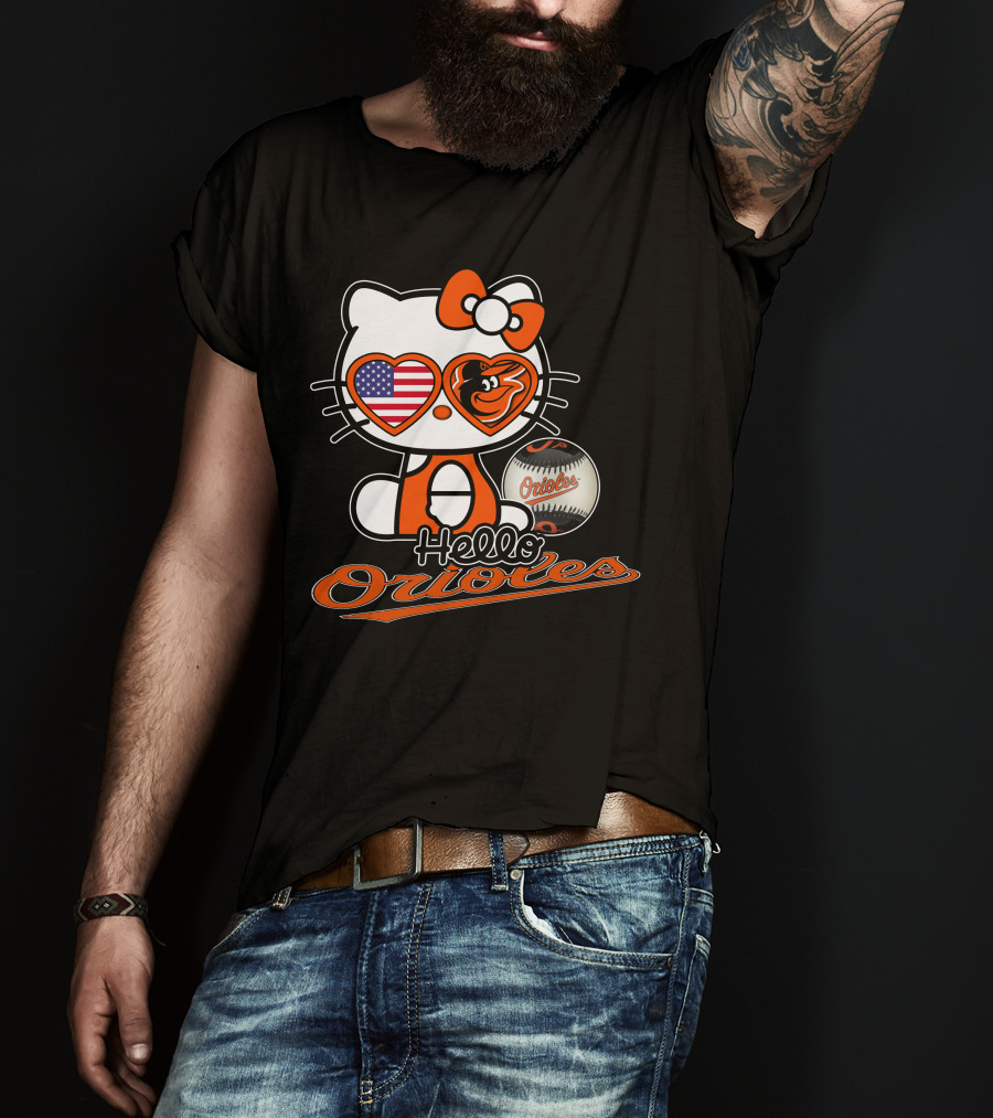 Hello Kitty Orioles Baltimore American Flag Baseball T-Shirt