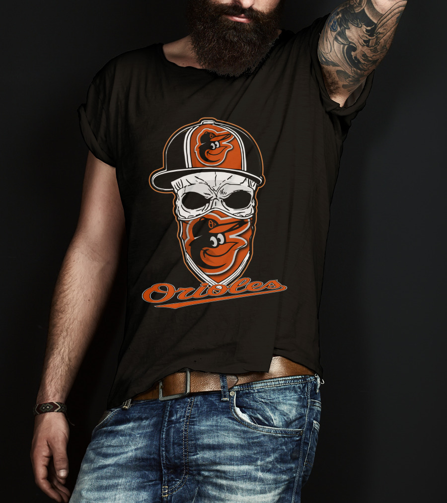 Skull Face Mask Baltimore Orioles Logo Hat T-Shirt