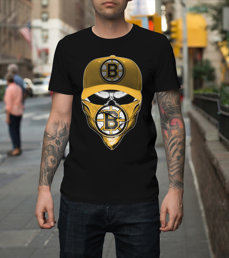 Skull Boston Bruins Logo Cap Mask T-Shirt