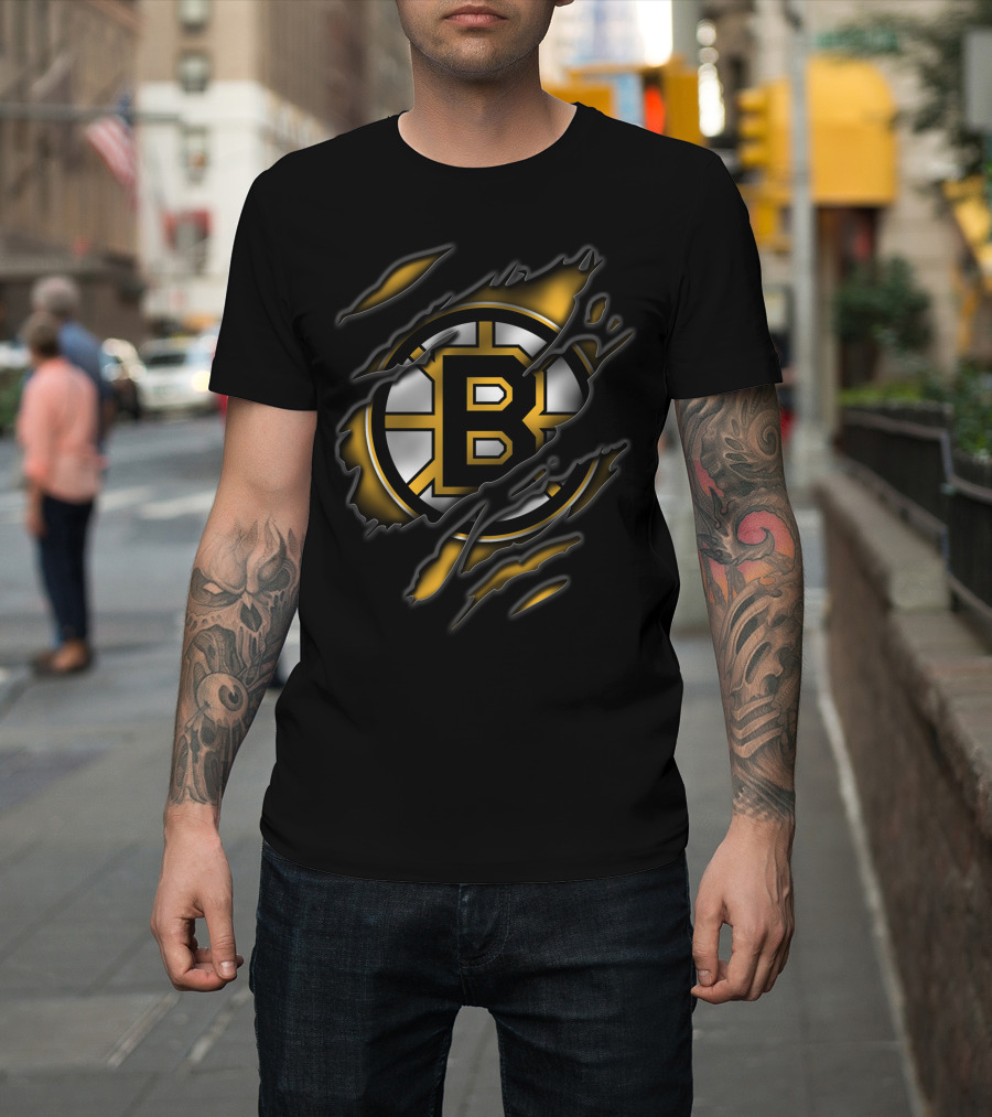Torn Boston Bruins Logo Emblem Ripped Claw Marks T-Shirt