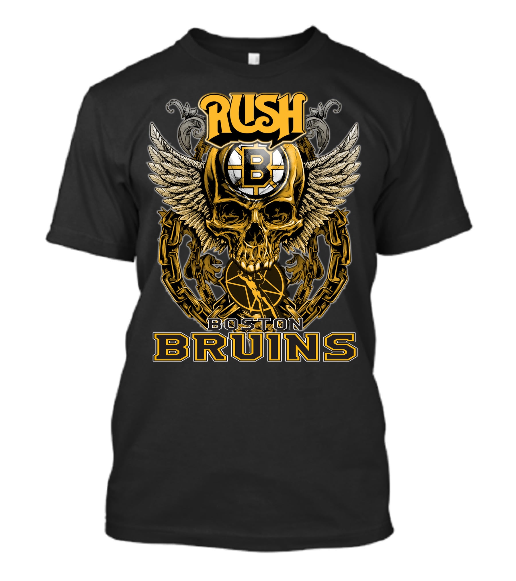 RUSH Boston Bruins Skull Wings Hockey Chains T-Shirt