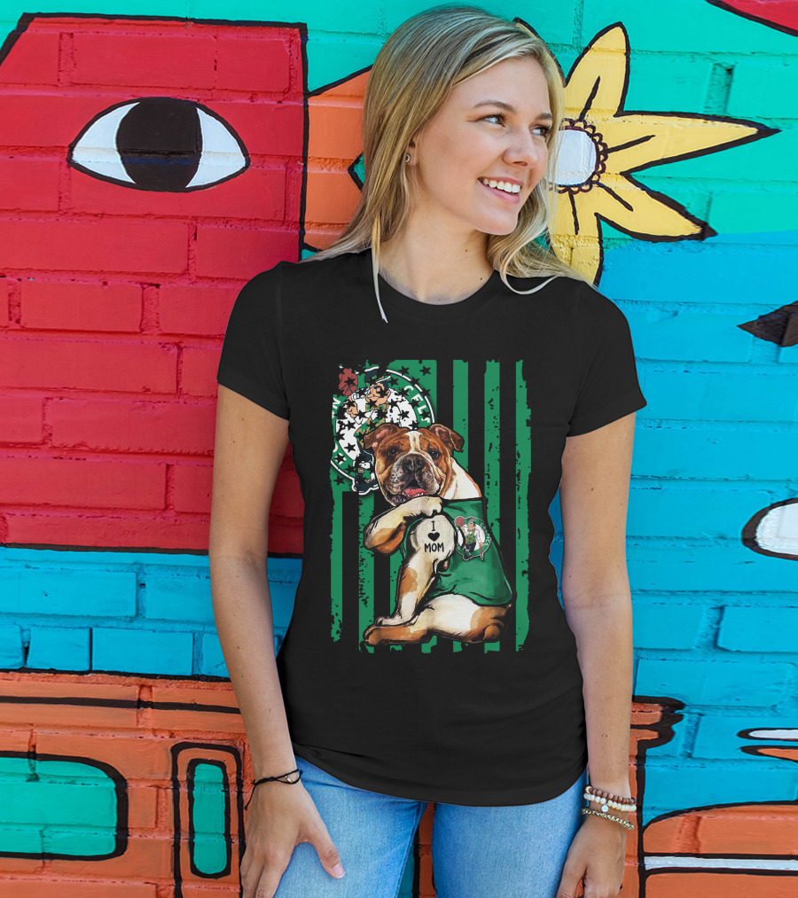 Bulldog Boston Celtics I Love Mom Green Stripes Basketball T-Shirt