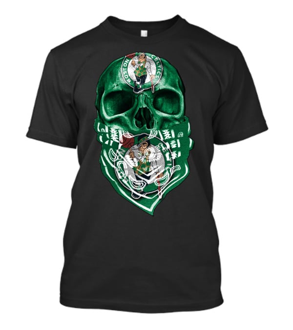 Boston Celtics Skull With Iconic Logos And Green Bandana T-Shirt