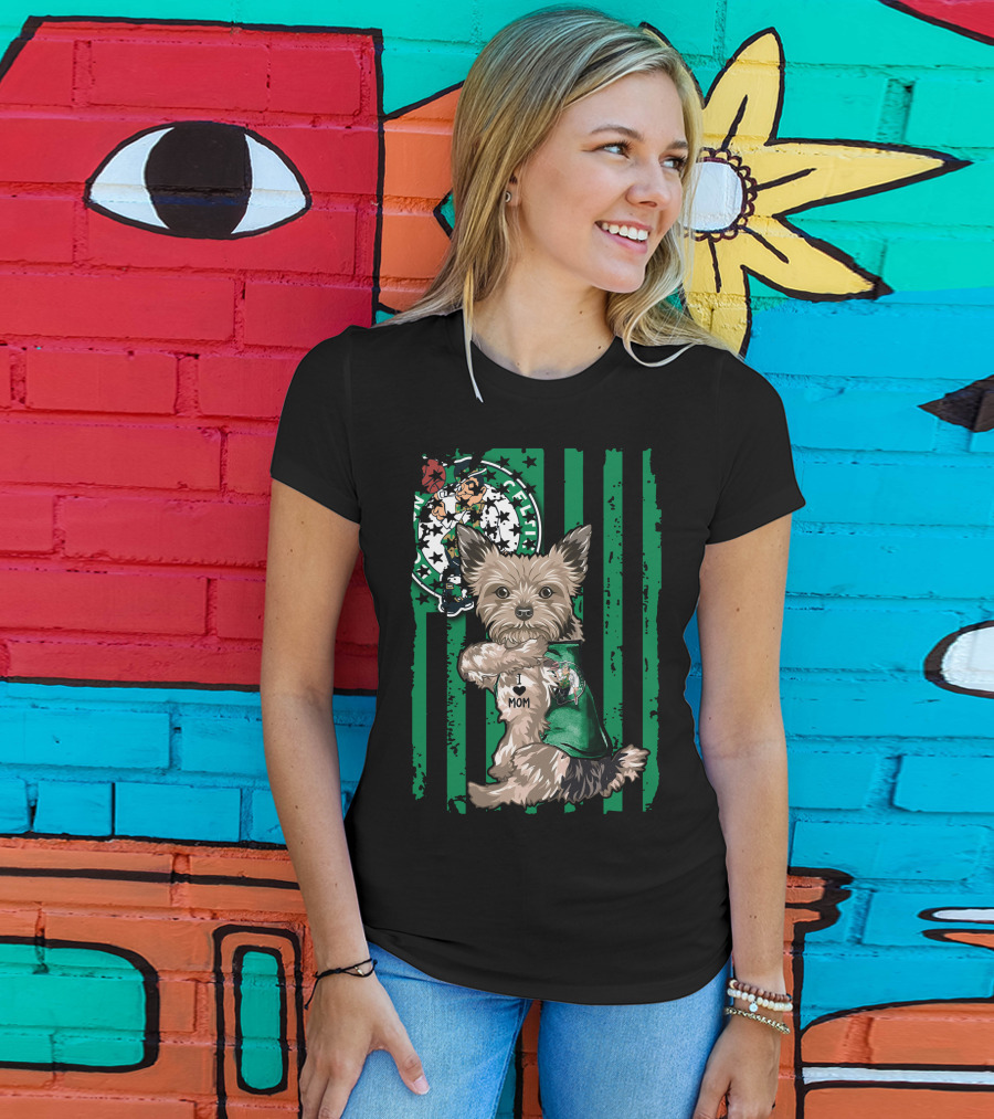 Yorkshire Terrier I Love Mom Boston Celtics Green Stripes T-Shirt