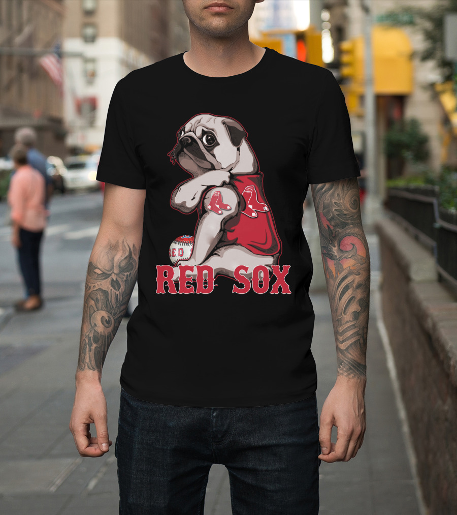 Pug With Boston Red Sox Jersey And Baseball T-Shirt