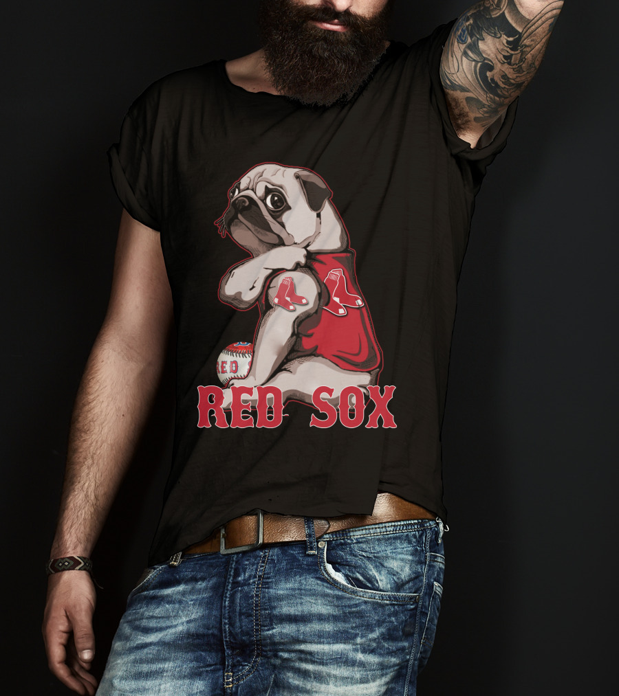 Pug With Boston Red Sox Jersey And Baseball T-Shirt