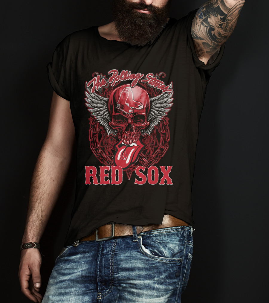 The Rolling Stones Boston Red Sox Skull And Tongue Logo Fusion T-Shirt