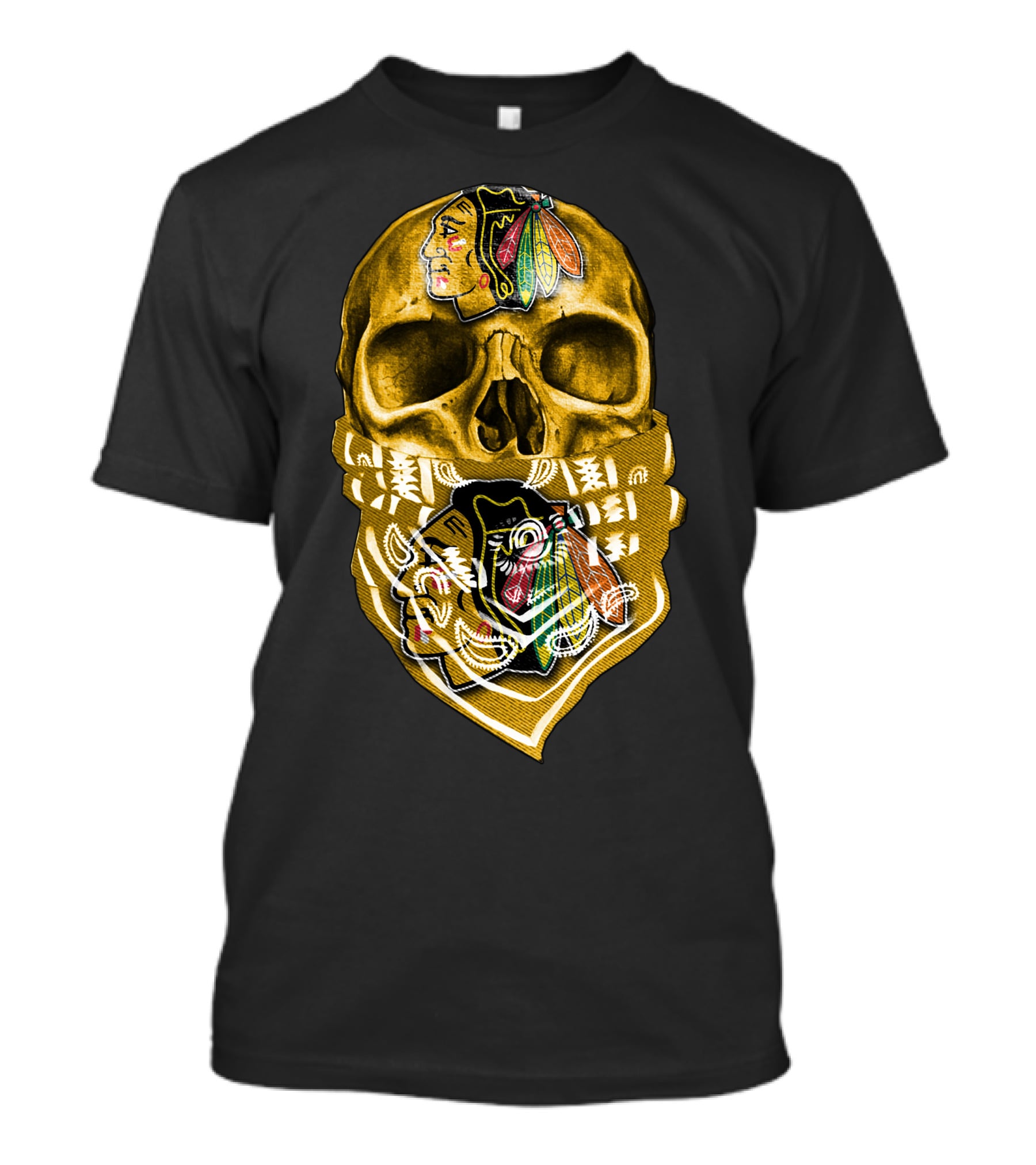 Skull With Chicago Blackhawks Logo Bandana T-Shirt