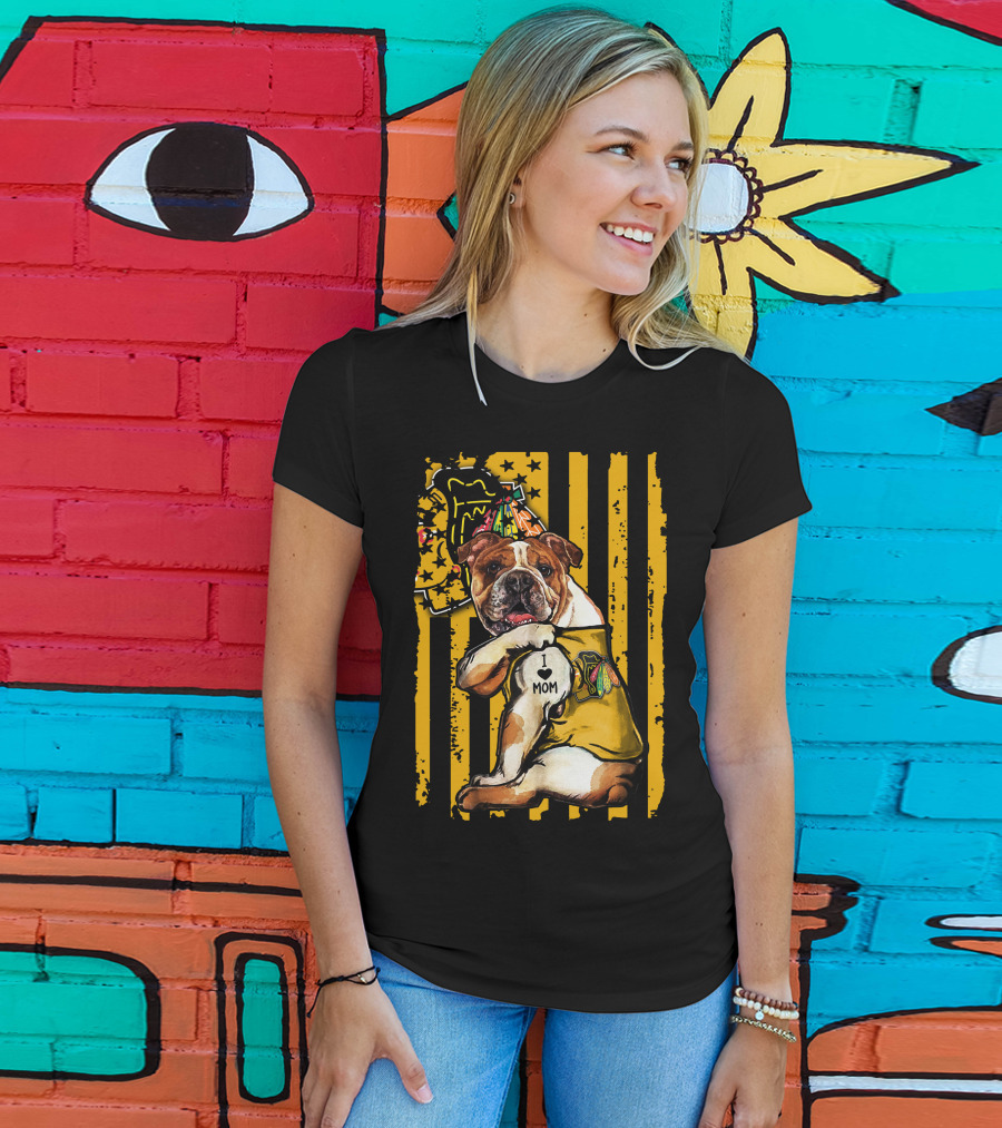 Bulldog I Love Mom Chicago Blackhawks Party Hat Yellow Stripes T-Shirt