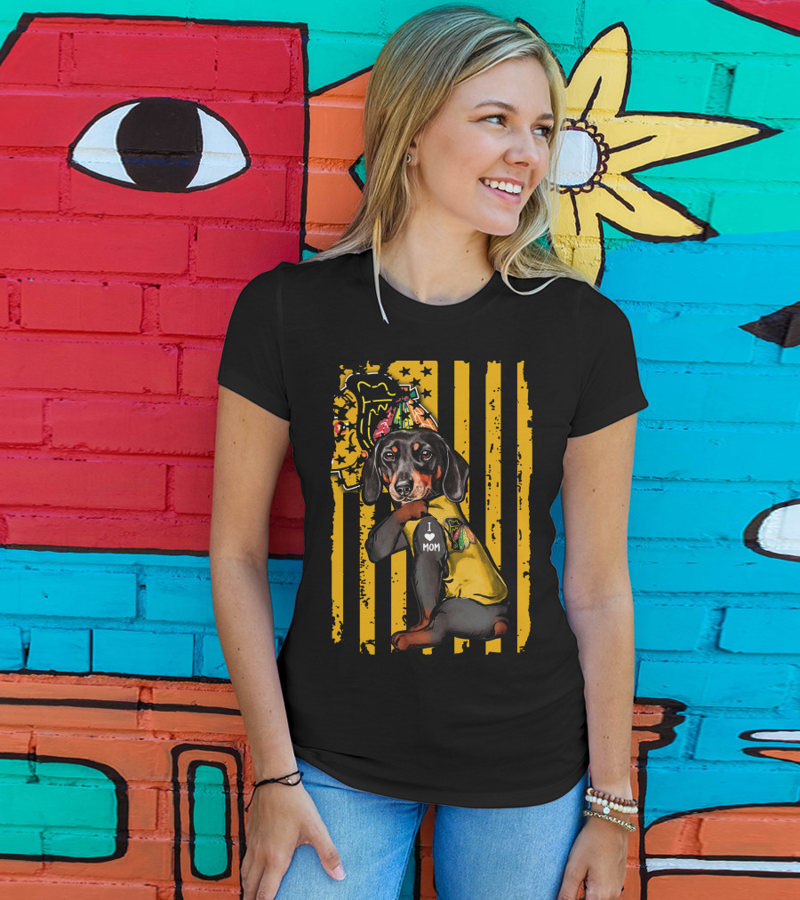 Dachshund In Chicago Blackhawks Outfit With I Love Mom Badge T-Shirt
