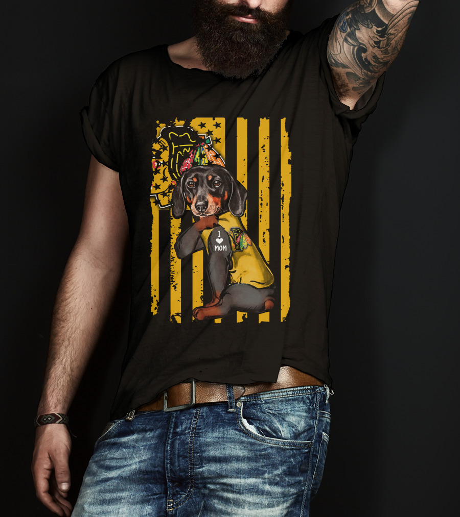 Dachshund In Chicago Blackhawks Outfit With I Love Mom Badge T-Shirt