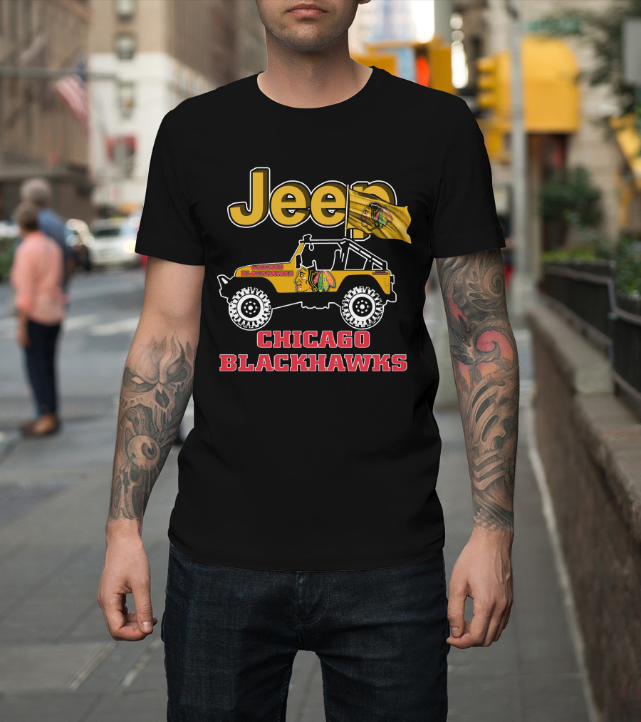 Jeep Chicago Blackhawks Off-Road Vehicle With Team Logo And Flag T-Shirt