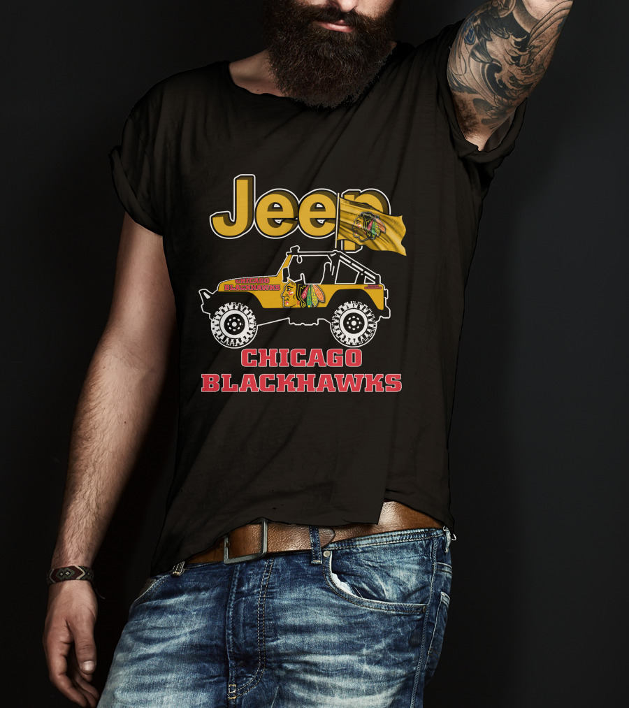 Jeep Chicago Blackhawks Off-Road Vehicle With Team Logo And Flag T-Shirt