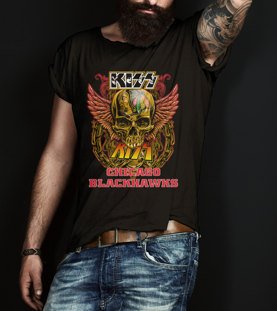 Kiss Chicago Blackhawks Skull With Wings And Chains T-Shirt