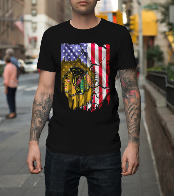 Shirt: Flag Chicago Blackhawks American T-Shirt Flag Chicago Blackhawks American T-Shirt