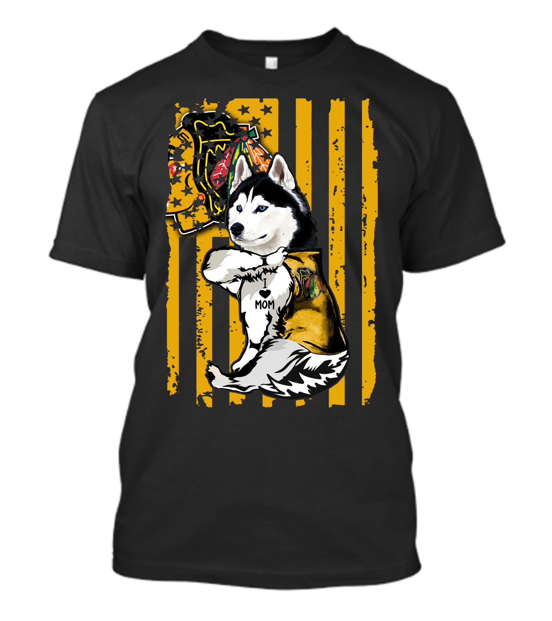 Siberian Husky I Love Mom Chicago Blackhawks Yellow Stripes T-Shirt
