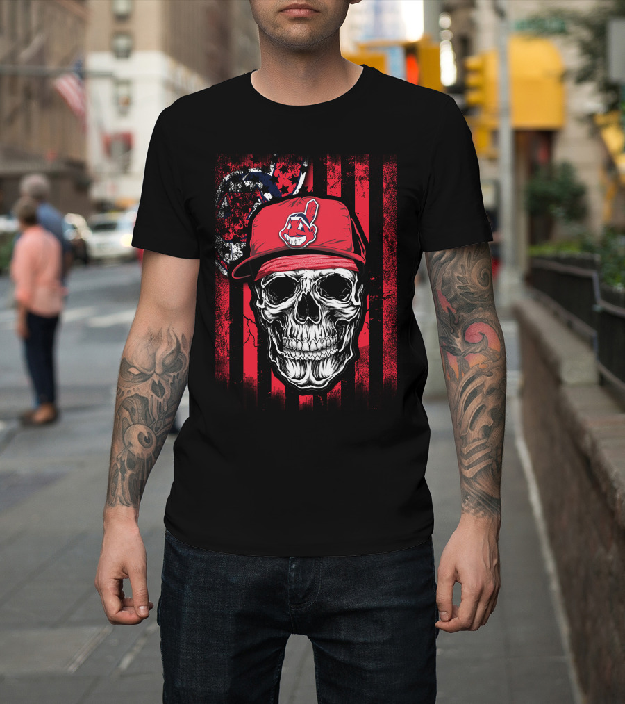 Cleveland Indians Skull with Red Cap and Grunge Stripes T-Shirt