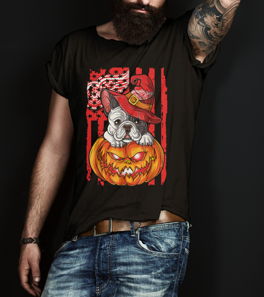 Hlw Bulldog Detroit Red Wings Witch Hat Pumpkin Halloween T-Shirt