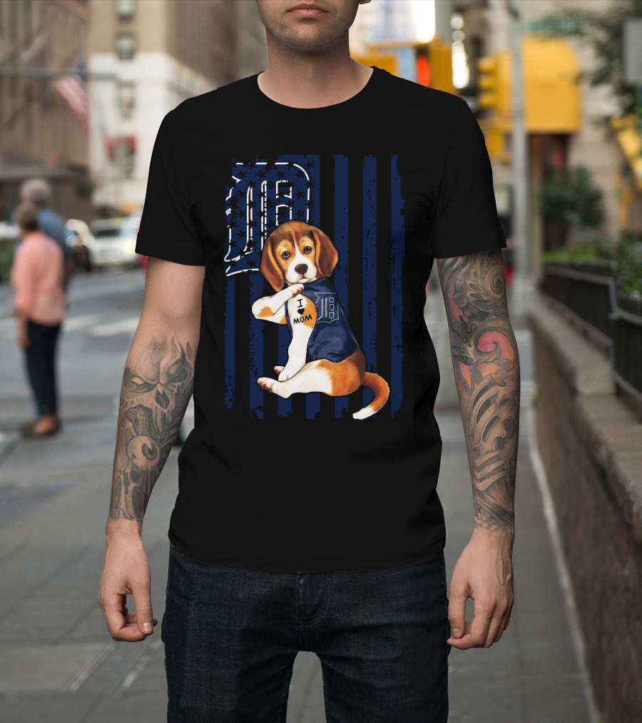Beagle Puppy I Love Mom Detroit Tigers Stripes T-Shirt