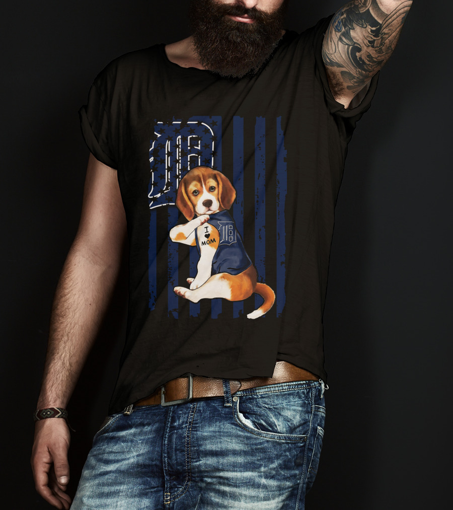 Beagle Puppy I Love Mom Detroit Tigers Stripes T-Shirt