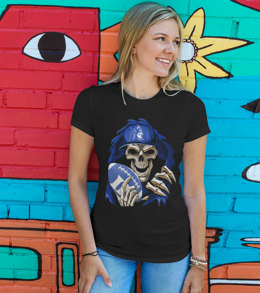 Duke Blue Devils Skull With Football And Logo Hat T-Shirt