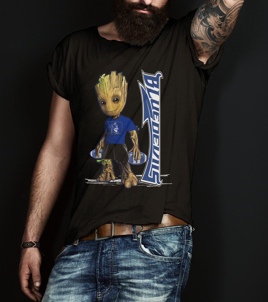 Groot Wearing Duke Blue Devils Shirt With Blue Devils Logo And Football T-Shirt