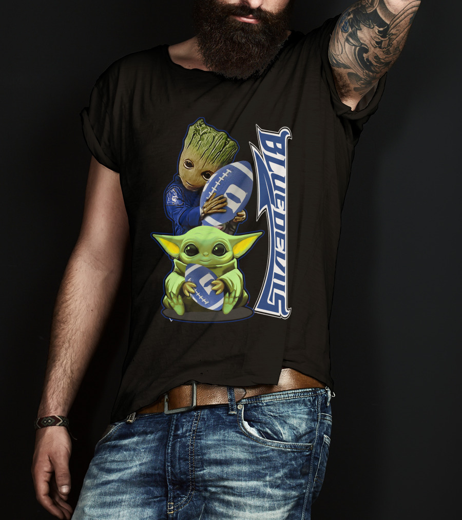 Grzd Duke Blue Devils Groot And Baby Yoda Holding Football T-Shirt
